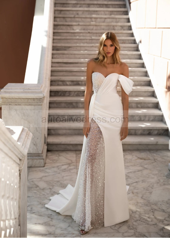 One Shoulder Beaded Ivory Lace Satin Sexy Wedding Dress One Shoulder Beaded Ivory Lace Satin Sexy Wedding Dress